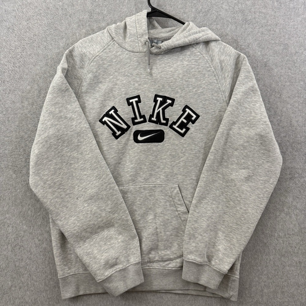 Vintage Nike Hoodie Mens Large Gray 90s Y2K Nike Spellout Swoosh Varsity Large